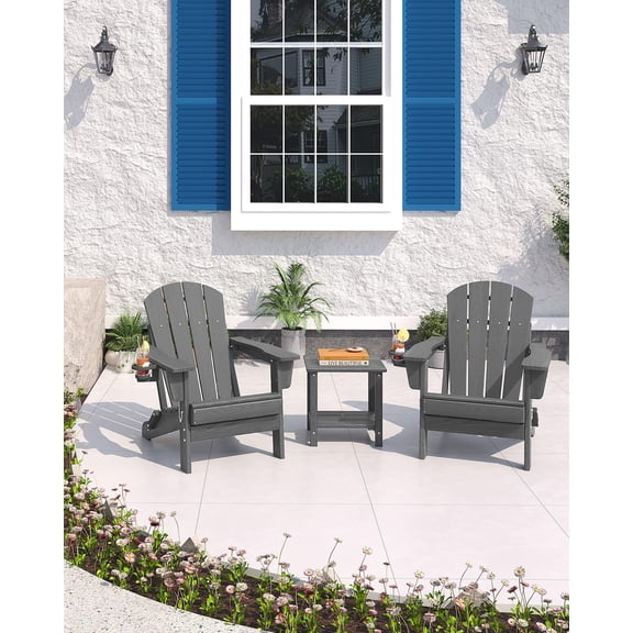 Set of 2 Folding Adirondack Chairs with Side Table - All-Weather HDPE Patio Chairs with Pressed Wood Grain Texture & Cup Holder, Collapsible, Heavy Duty, for Lawn, Fire Pit, Outdoor Use
