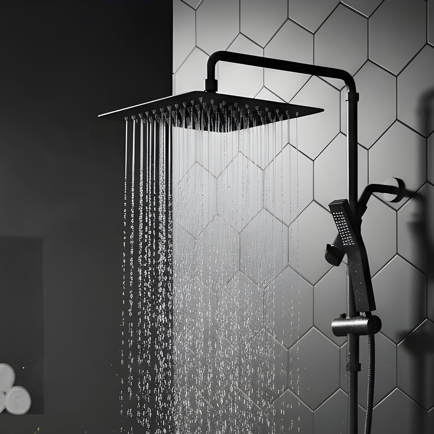 ROSYNEY 12 Inch Metal Rain Shower Heads with Handheld Spray, Dual Shower Head with Adjustable Slide Bar and Stainless Steel Hose, Height Adjustable, Matte Black