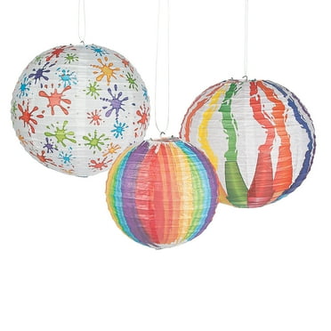 Fun Express Assorted Colors Paper Party Lanterns & Hanging Pom Poms, 6 Count