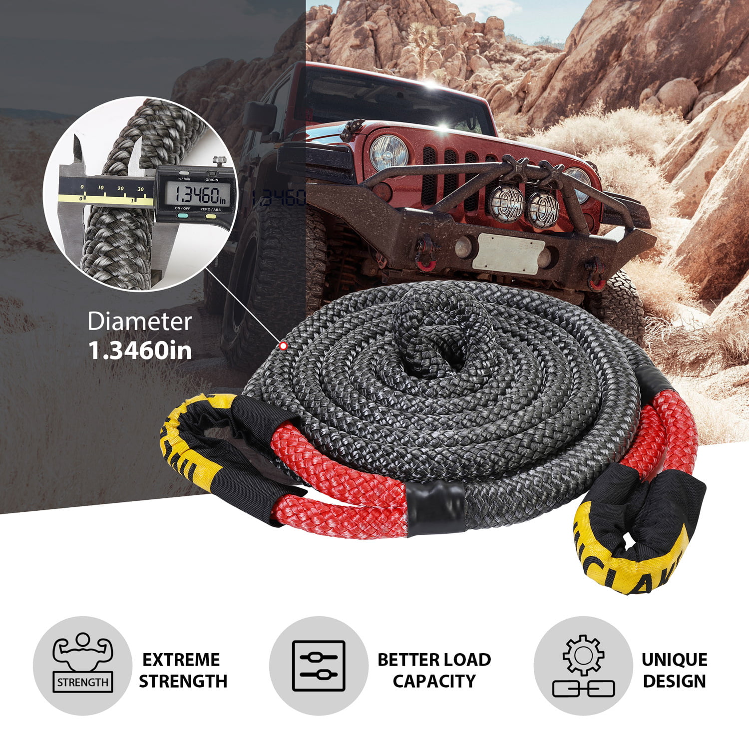 3/4 x 20' Black n Red Recovery Rope，Kinetic Rope for Truck/Jeep/SUV/RV/Car Towing OPENROAD 20000 lb Nylon Tow Rope 
