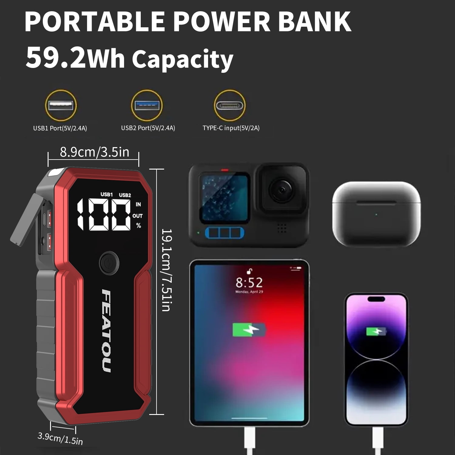 FEATOU Car Jump Starter,6500A Peak 12V Battery Jump Starter Pack for All Gas and up to 7.0L Diesel Engine,Portable Battery Booster Box with USB Quick Charge and Type C Supersafe