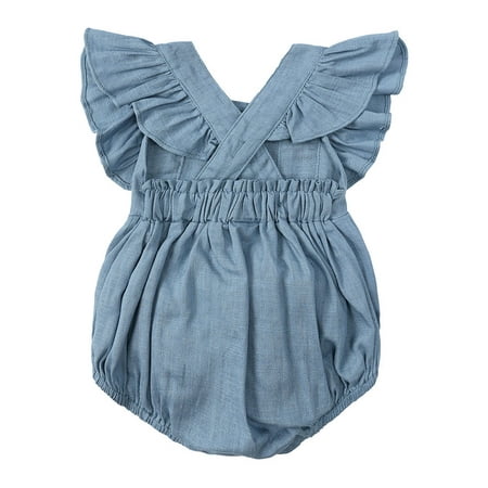 

Toddler Baby Girls Rompers Jumpsuit Summer Fashion Cute Solid Color Cotton Linen Ruffles Backless Bodysuit One Piece Sleeveless Playsuit Outfits Flounces Backless Overalls Clothing 3-24Months