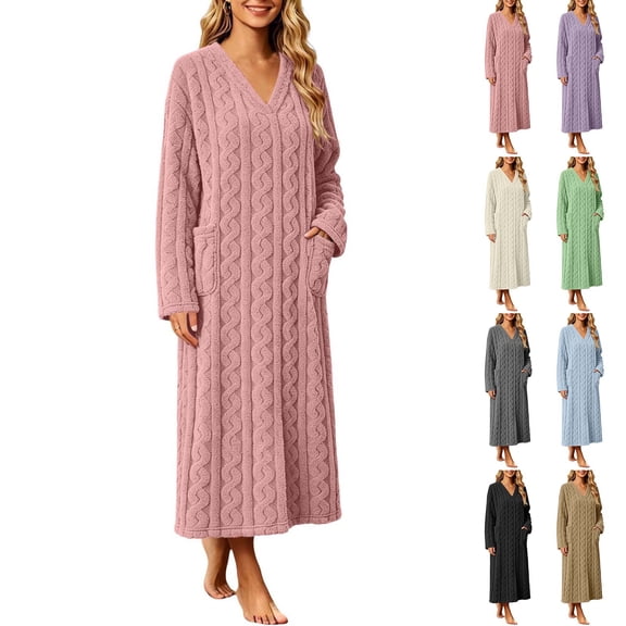 Stamzod Winter Nightgowns for Women Loose Casual Comfy Fleece Night Dress Bathrobe Warm Thick Long Night Gowns with Pocket L