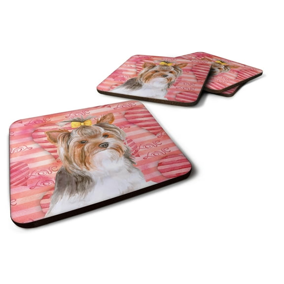 Carolines Treasures BB9810FC Yorkshire Terrier Design2 Love Foam Coaster Set of 4 Red 3 1/2 x 3 1/2 multicolor