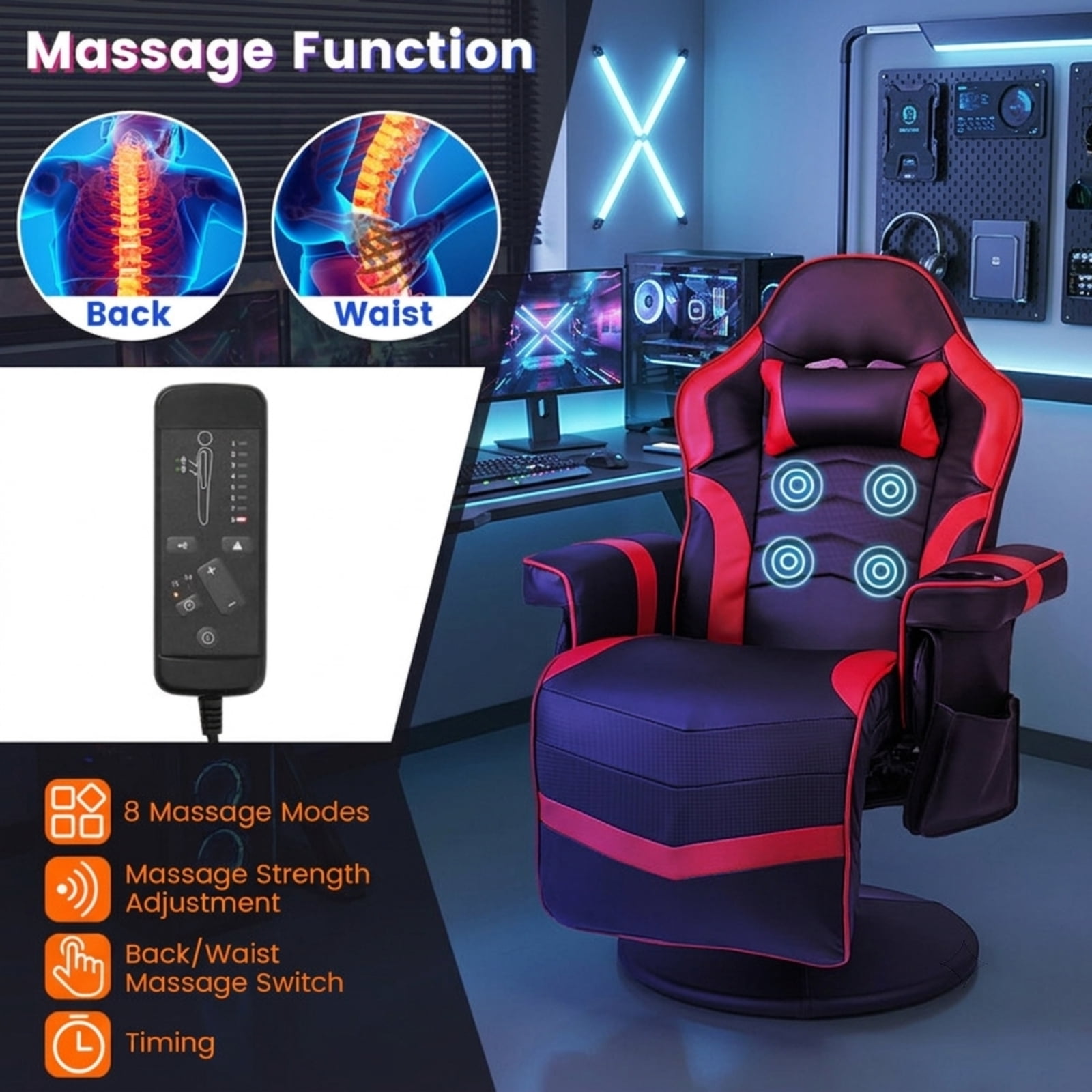 Furnibear Massage Video Gaming Recliner with Reclining Backrest Adjustable Height Retractable Footrest and Side Pocket for Gaming and Office, Red