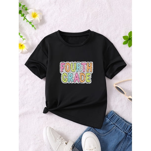 Girls' Casual Short Sleeve T-Shirt - Vibrant Fourth Grade Graphic Print, Loose Fit Round Neck Summer Top with Geometric Pattern, Breathable Knit Fabric for School & Play, Playful Youngsters' Appa