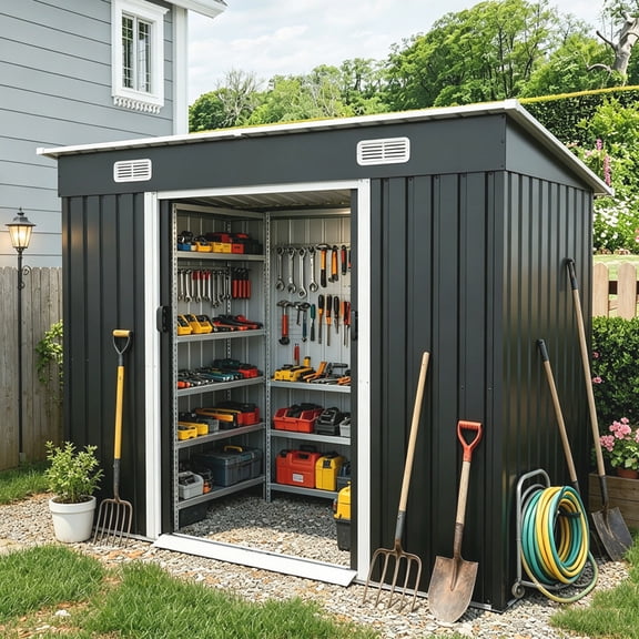 Bellemave 8x4 FT Outdoor Storage Shed with Lockable Doors, Metal Garden Shed with Floor for Patio and Lawn, Tool Shed Design for Bicycle, Tool, Snow Blower Storage, Black