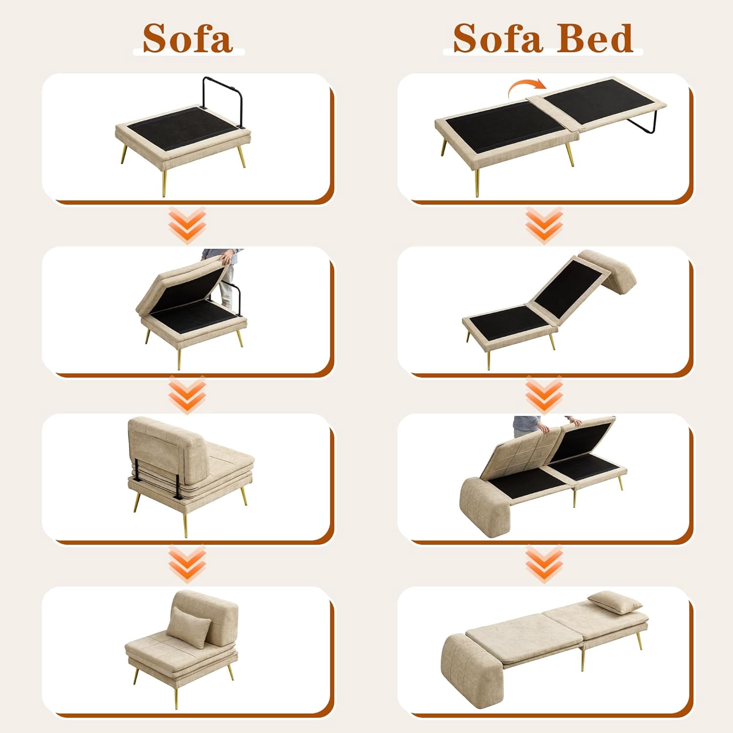 Akaber 3-in-1 Futon Sofa Bed, Chenille Sleeper Chair with Back Support & Pillow, Wood Frame, Metal Legs