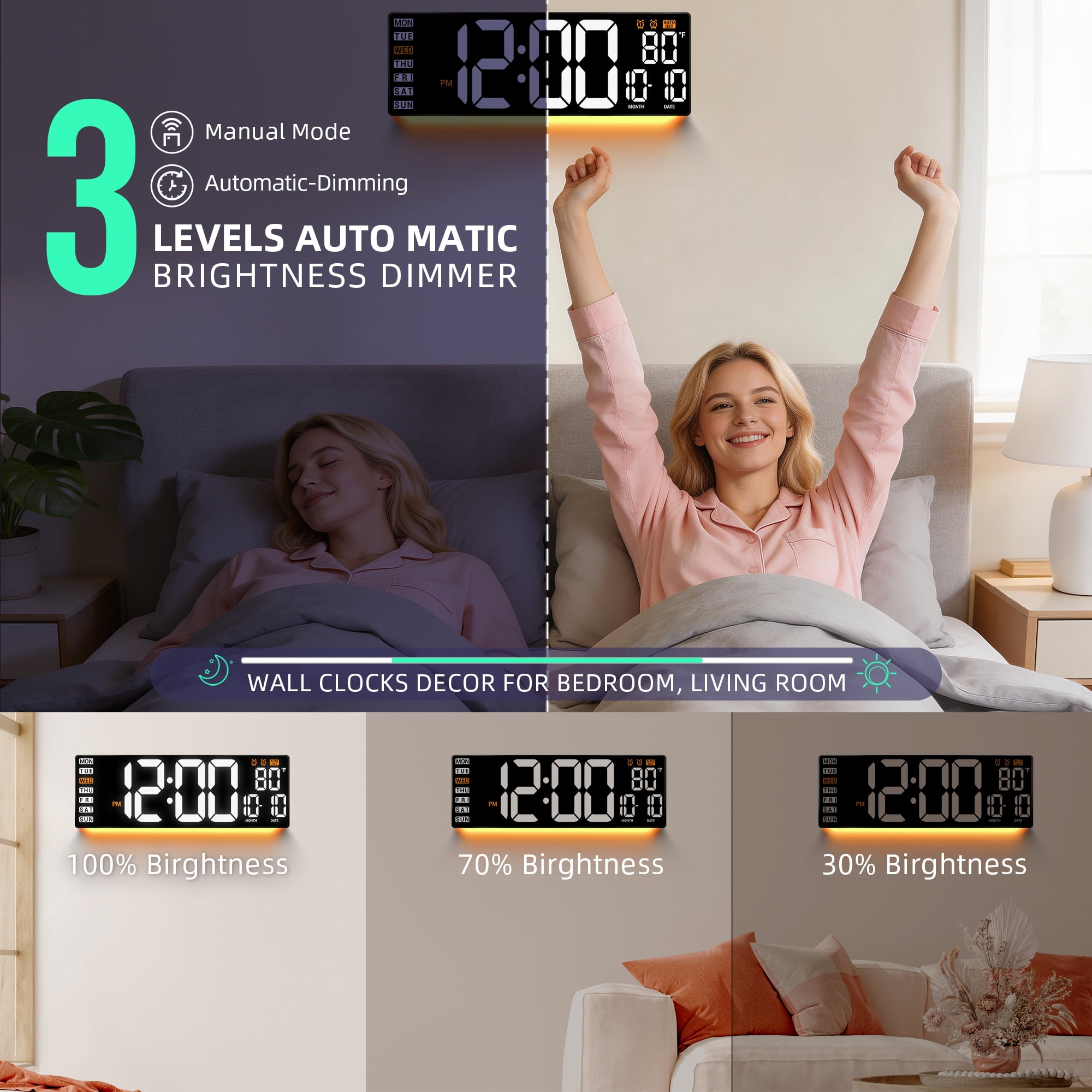 16.5" Large Digital Wall Clock with Remote Control, Auto-Dimming LED Display with Date Temp, Big Number Wall Mount Decor Clock for Seniors, Classroom, Dorm, Home, Office, Gym White
