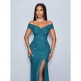 thumbnail image 6 of Teal Blue Elegant Twisted Off-Shoulder Mermaid Maxi Dress With High Slit And Sparkling Sheen For Evening Party, 6 of 8