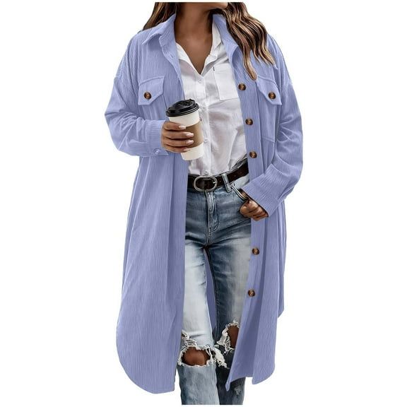 Wensltd Long Cardigan Coat for Women Lightweight Lapel Collar Chest Pocket Button-Up Long Sleeve Spring Fall