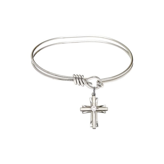 5 3/4 inch Oval Eye Hook Bangle Bracelet w/ Cross medal charm w/ April Crystal Swarovski Crystal