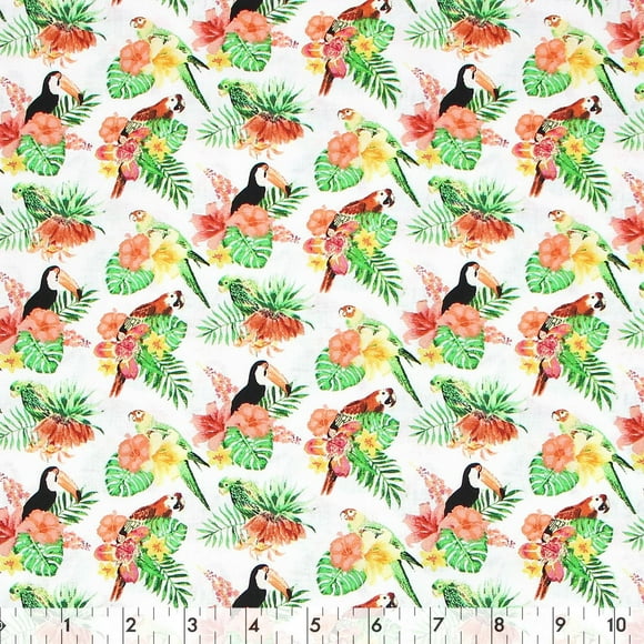 Fabric Creations Cotton by the Metre, White with Flowers, Toucans & Parrots, ~107 cm (42 in) Wide