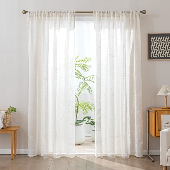 Sleep Zone Linen Textured Sheer Curtains 52×84in Beige, Striped Jacquard Light Filtering Pack of 2