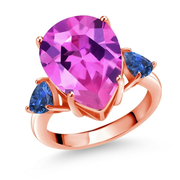 Gem Stone King 11.78 Ct Pink Created Sapphire Blue Created Sapphire 18K Rose Gold Plated Silver Ring (Size 7)