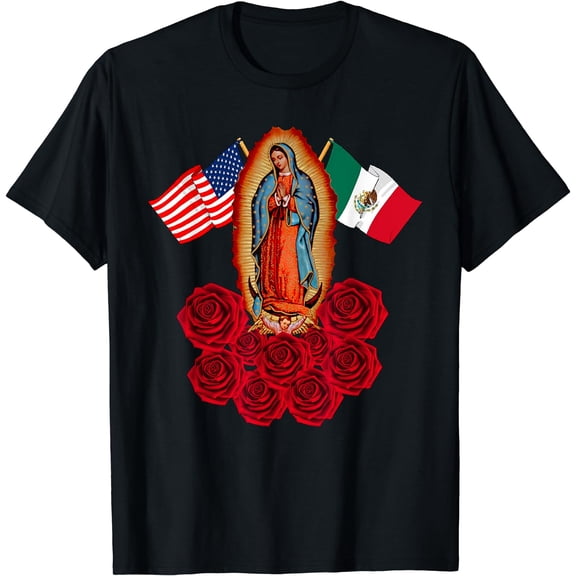 Our Lady Virgen De Guadalupe Mexican American Flag T-Shirt Black Small