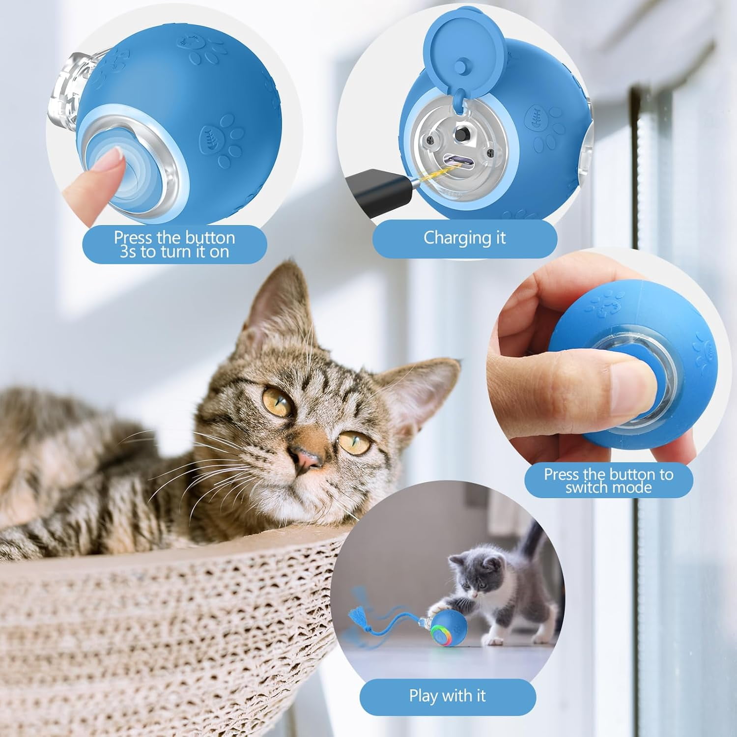 Automatic Rolling Ball Toy for Indoor Cats: Motion-Activated with Chirping, USB Rechargeable Blue Interactive Gift Featuring Speedy Tail 2.0