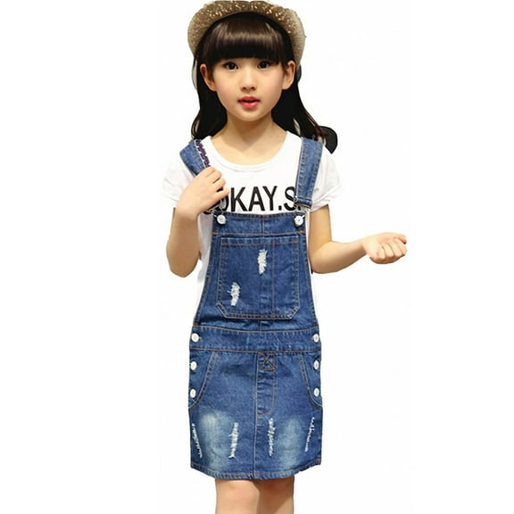 HBYJLZYG Sleeveless Ripped Denim Overalls Dress, Toddler Kids Baby Girls Ripped Big Skirt Adjustable Shoulder Strap Dress Outfits 3-12 Years