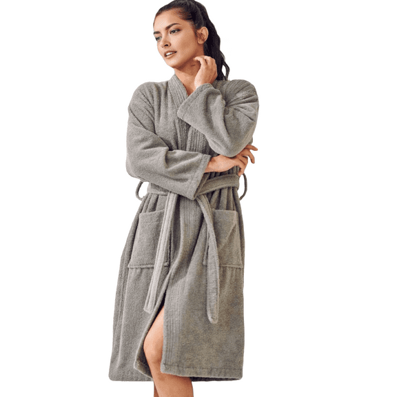 Elegani Women's 100% Cotton Terry Kimono Bathrobe (Luxury Spa Comfort) Gray S/M