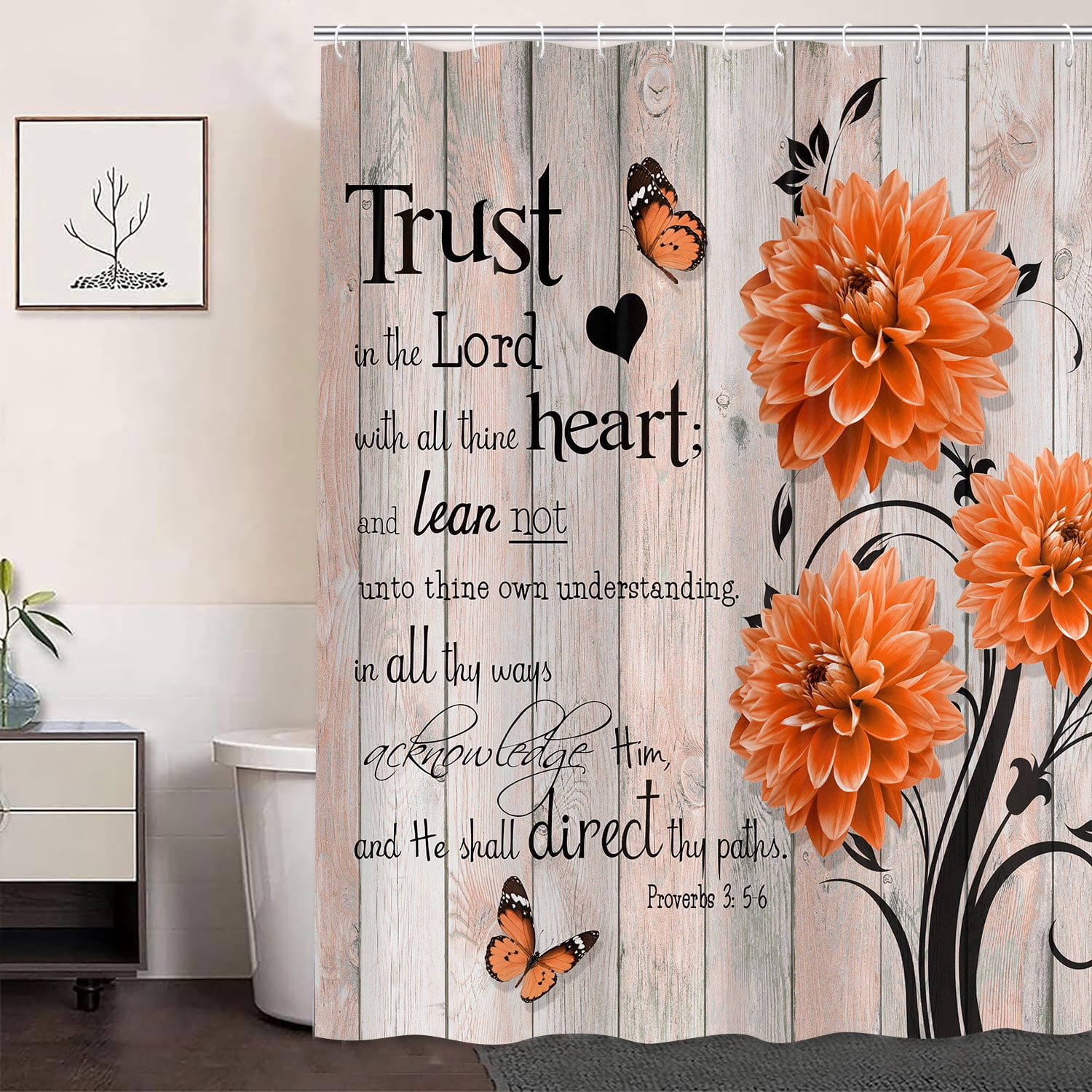 Rustic Orange Dahlia Farmhouse Shower Curtain - Washable Fabric Bath Set with Hooks, 72x84 Inch