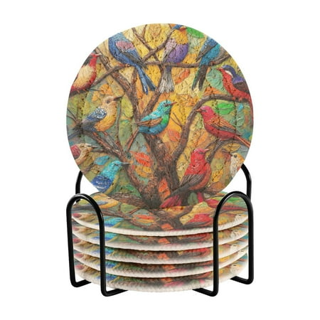 

6 Pcs Drink Coasters with Holder Absorbent Coasters Minimalist Home Decor Coaster Set Stylish Handmade Round Woven Coaster for Drinks Table Desk Protection Various Colorful Birds