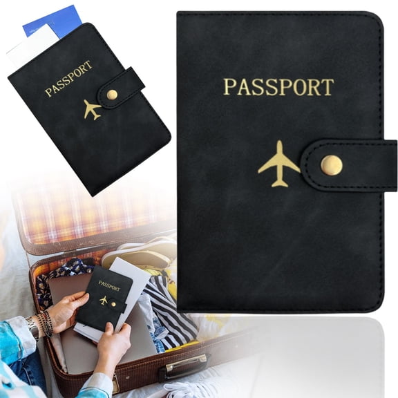 Passport Holder Wallet Set Black Travel Document Organizer with Luggage Tags, PU Leather Passport Cover, Student ID Holder, Honeymoon Gift for Couples, Kids Passport Holder Boys, 4.02 x 5.57 in