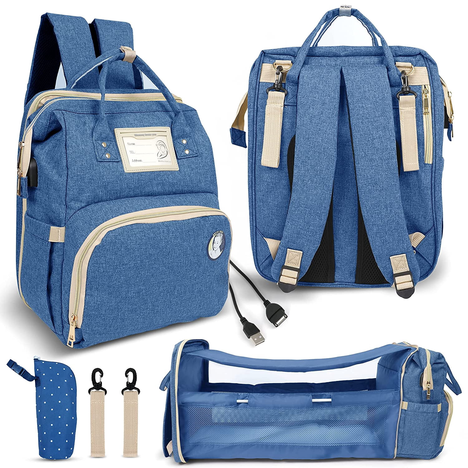 Baby Diaper Bag with Changing Station – Diaper Bag Backpack and USB Port, Insulated Bottle Bag, Mosquito Net, Sunshade – Comfortable and Stylish with Practical Stroller Hooks (Blue)