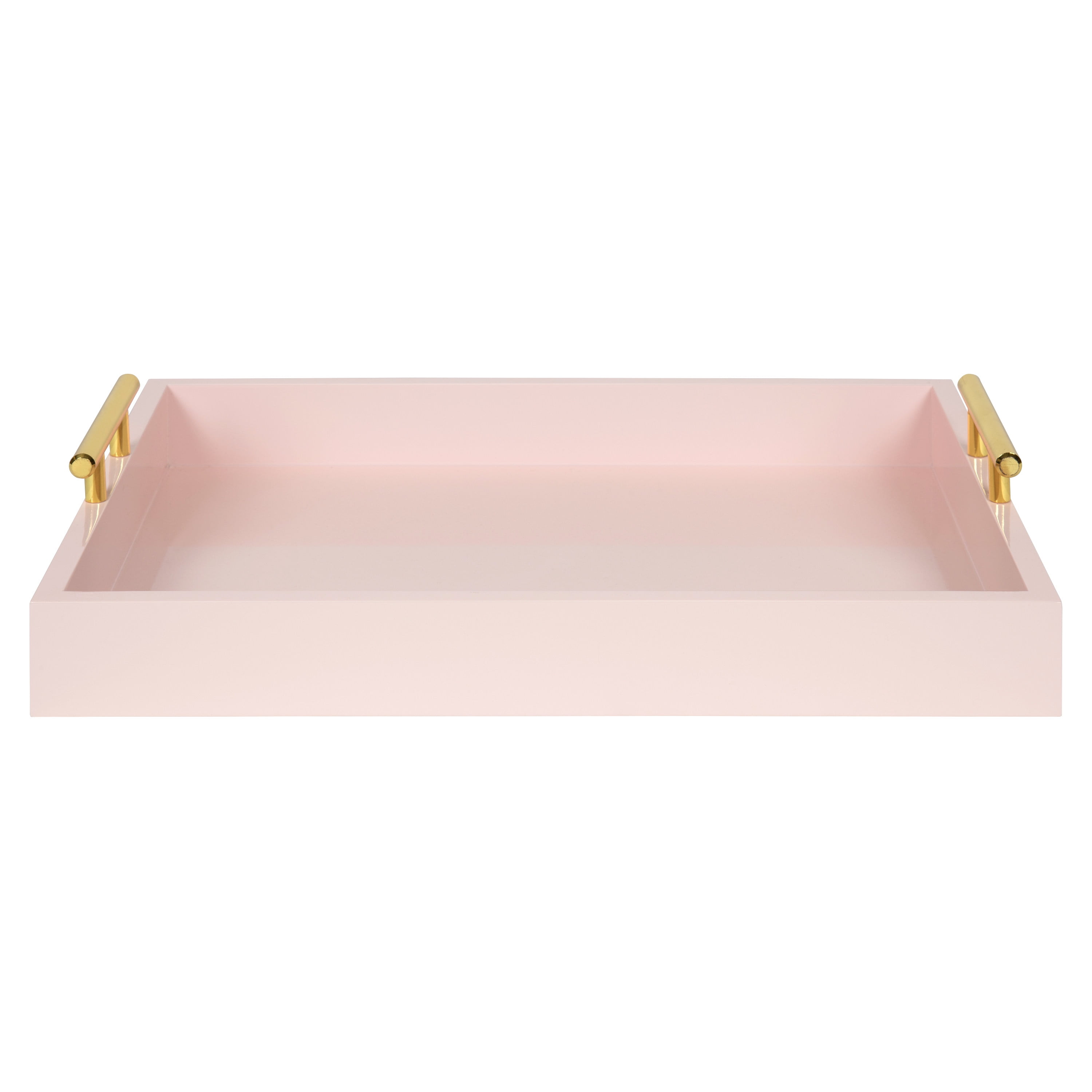 Kate and Laurel Lipton Decorative Modern Tray, 16.5 x 12.25, Pink, Glossy Pink Serving Tray with Polished Gold Handles for Hosting, Home Decor, and Storage