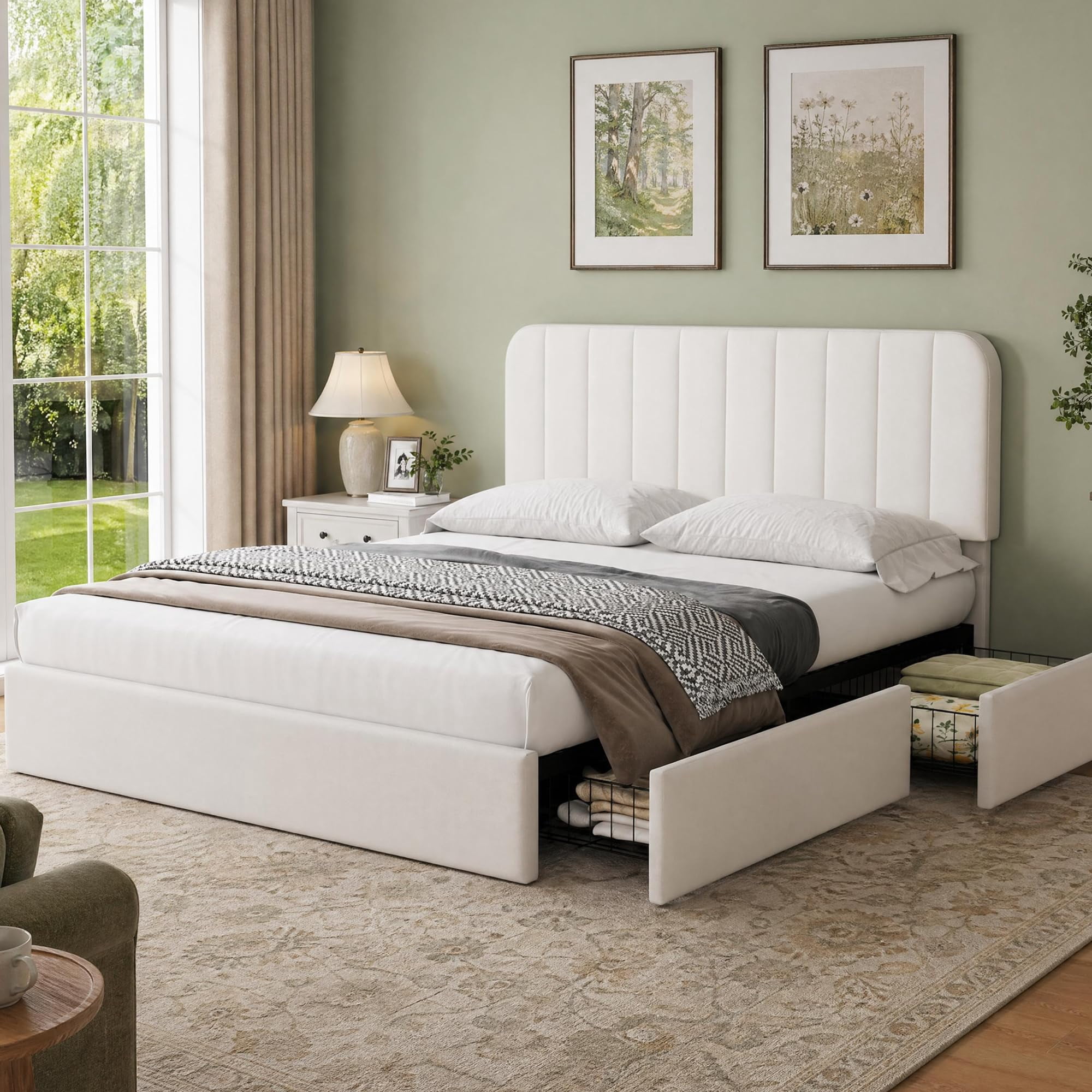 Queen Size Bed Frame, Velvet Upholstered Storage Bed with 4 Drawers, Adjustable Headboard, Modern Bedroom Furniture, Beige
