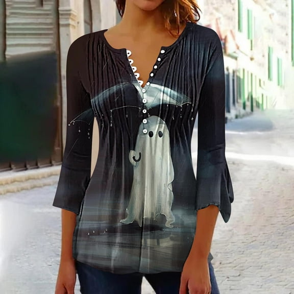 VKOYWKM Halloween Tunic Tops for Women 3/4 Bell Sleeve Henley Shirt Cute Ghost Graphic Button V Neck Hide Belly Shirts Pleated Empire Waist Fall Blosue