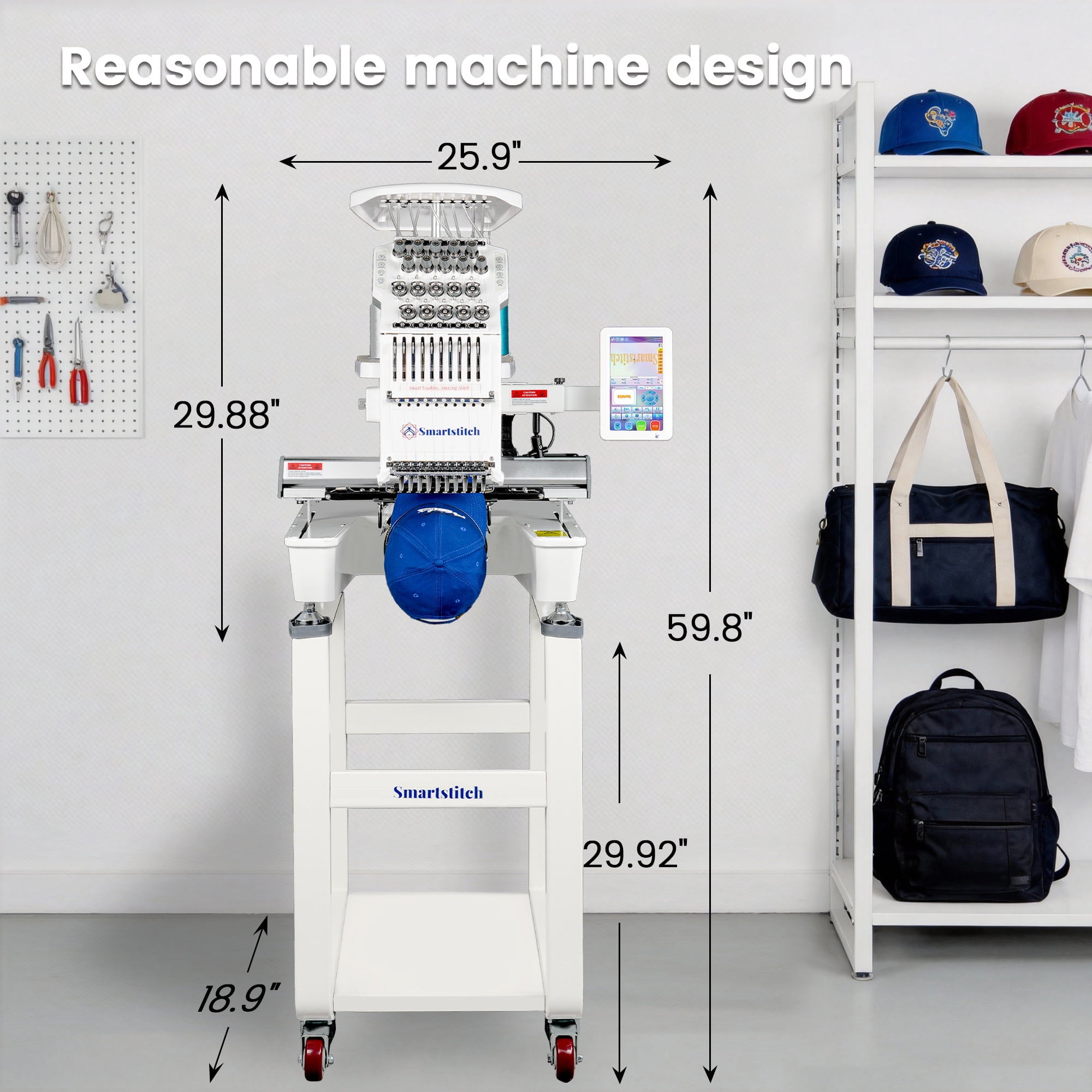 Smartstitch S-1001 Professional 10-Needle Embroidery Machine, 1200 SPM, 7" Touch Screen, 9.5"x14.2" Area - for Hats, T-Shirts, Denim & More