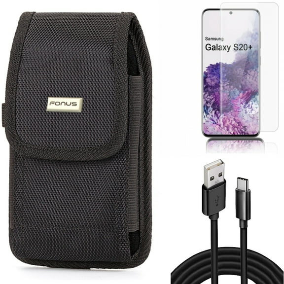 Case Belt Clip w 10ft USB Cable w Screen Protector for Samsung Galaxy S20 Plus - Rugged Holster Canvas, Type-C Charger Cord Power, Tempered Glass [Fingerprint Unlock] 3D Curved fits Galaxy S20 Plus