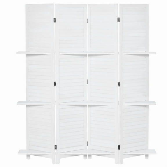 HOMCOM 4 Panel 67" Tall Wood Privacy Screen Room Divider with 3 Display Shelves, and Folding Storage for Bedroom or Home Office, White On-Site