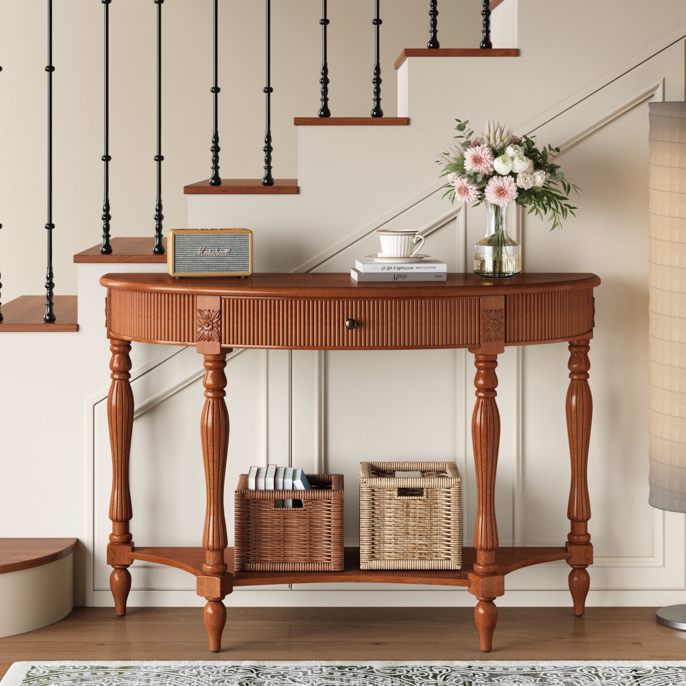 Accent Console Table with Semicircle Tabletop, Drawer & Shelf, Fluted Vintage Entryway Display Table, Sofa Table with Roman Legs