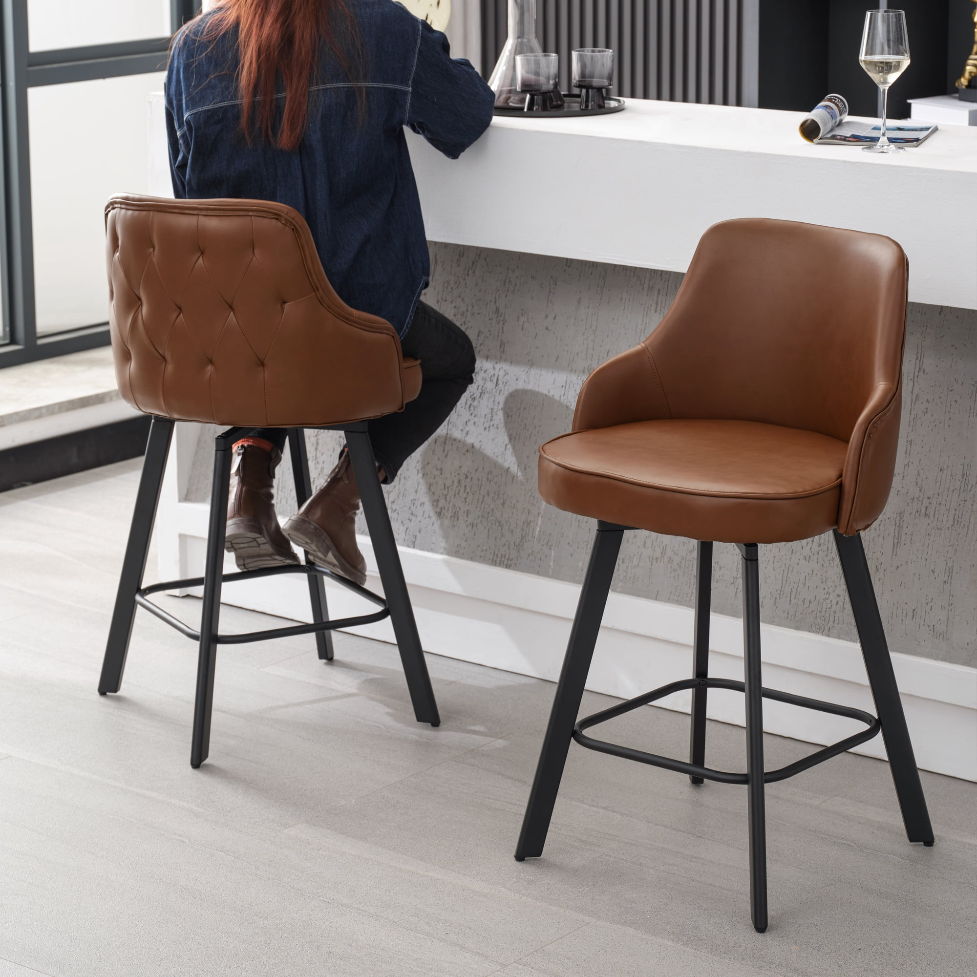 FIRAVOE Bar Stools Set of 3, 26" Swivel Barstools Counter Height Bar Stools with High Back, Faux Leather Bar Chairs Counter Stools for Kitchen Island, Brown