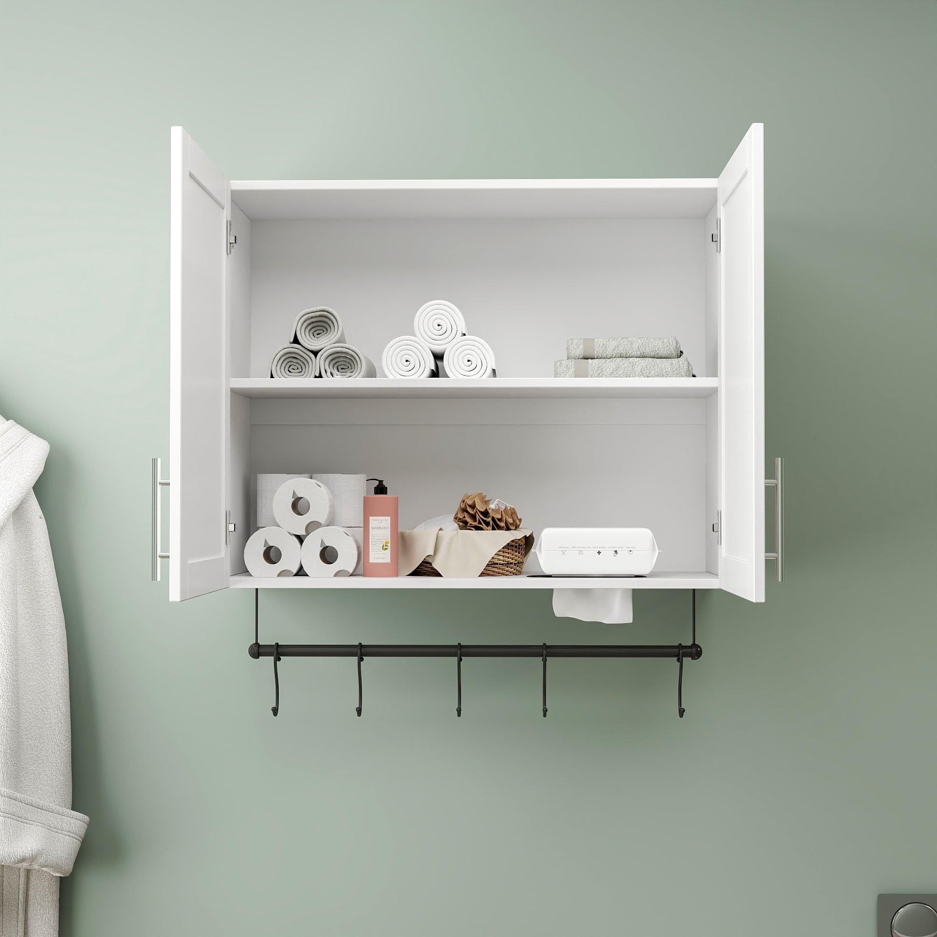 Bathroom Wall Cabinet Over Toilet Storage with Adjustable Shelf Towel Bar 5 Hooks, White