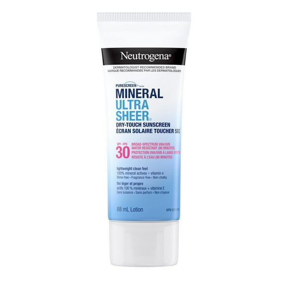 Neutrogena Mineral Ultra Sheer Dry-Touch Sunscreen Lotion SPF 30, Vitamin E, Cruelty Free & Vegan, Fragrance Free, 88 mL