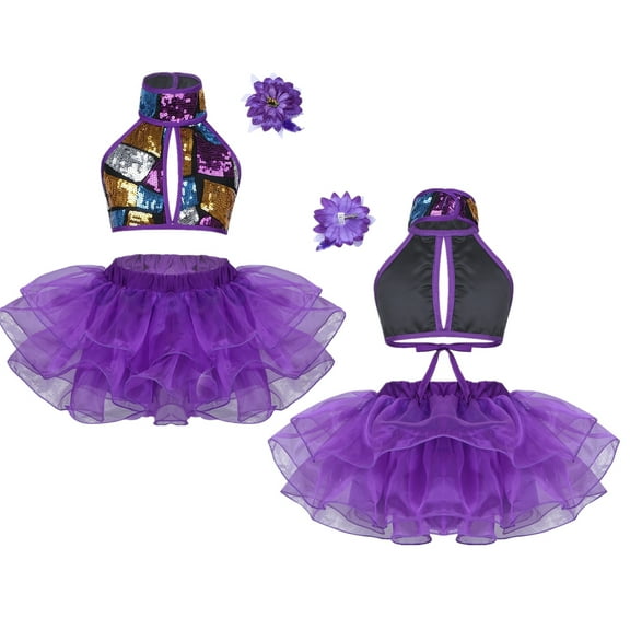 DPOIS Kids Girls Ballet Dance Costume Sequins Crop Tops with Mesh Tutu Skirt Purple 3-4