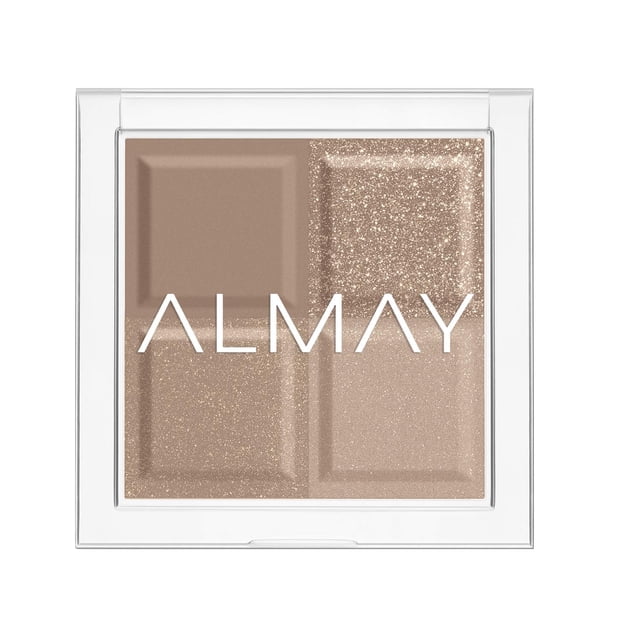 paleta de sombras de ojos almay longlasting 3.7ml 130 the world is my oyster paleta cuadrada con cuatro tonos gris/beige en acabados mate, metálico, satinado y purpurina; vista frontal en estuche plástico transparente con logo ALMAY sobre las sombras; incluye un mate taupe, un metálico brillante, un satinado neutro y una sombra con purpurina, adecuada para looks monocromáticos o para retoques de viaje.