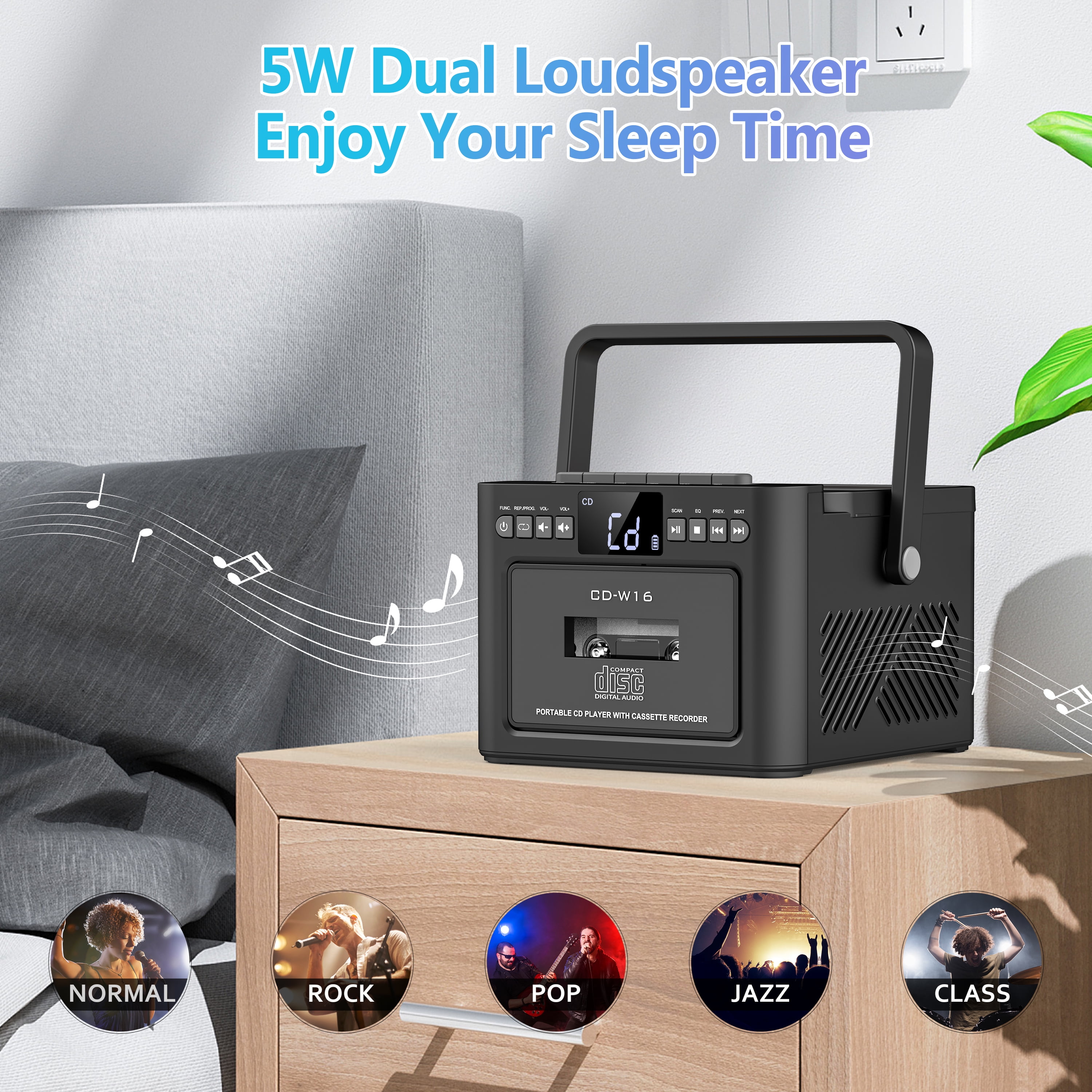 Greadio Bluetooth CD Cassette Boombox Player, Portable Rechargeable CD Player with Type-C Charging Cord & Remote, Black
