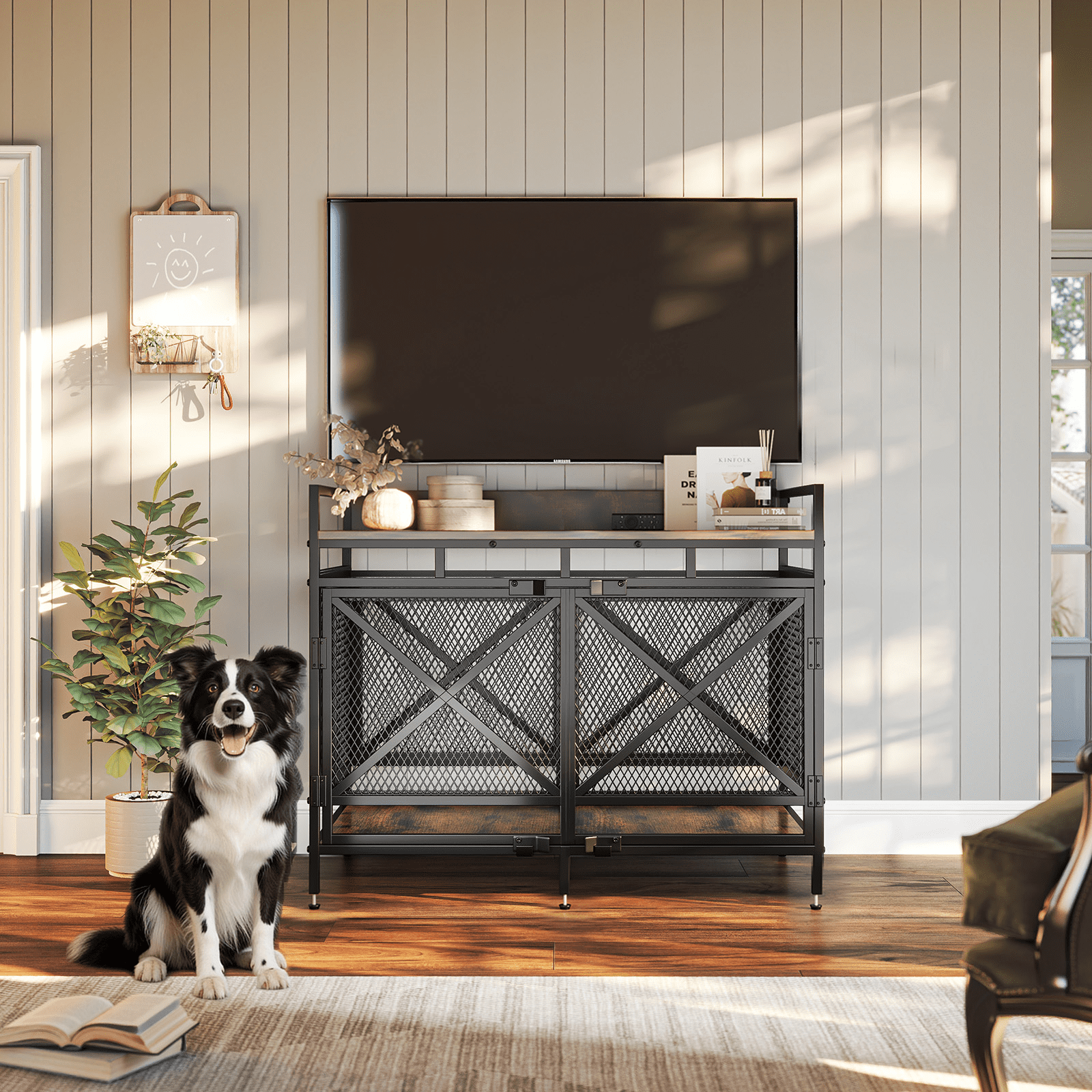 Fowroa 48" Dog Crate with Wheels Dog Crate Furniture for Large Dogs up to 90 lbs, Waterproof Top, Brown