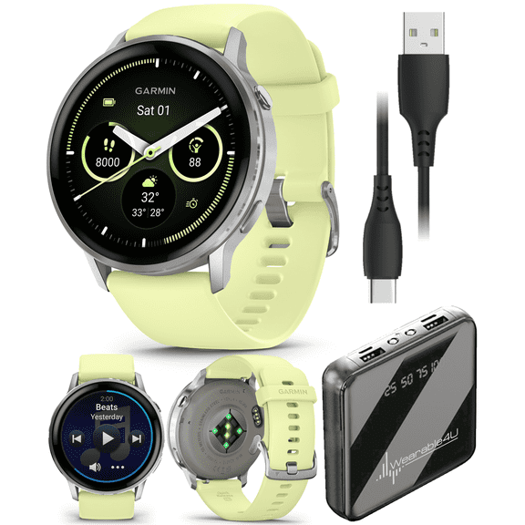 Garmin Venu 4 - 45mm AMOLED Advanced Health & Fitness GPS Smartwatch, Bright & Colorful Display, Flashlight, Up to 12 Days, Silver with Citron Silicone Band w/Wearable4U PowerBank Bundle