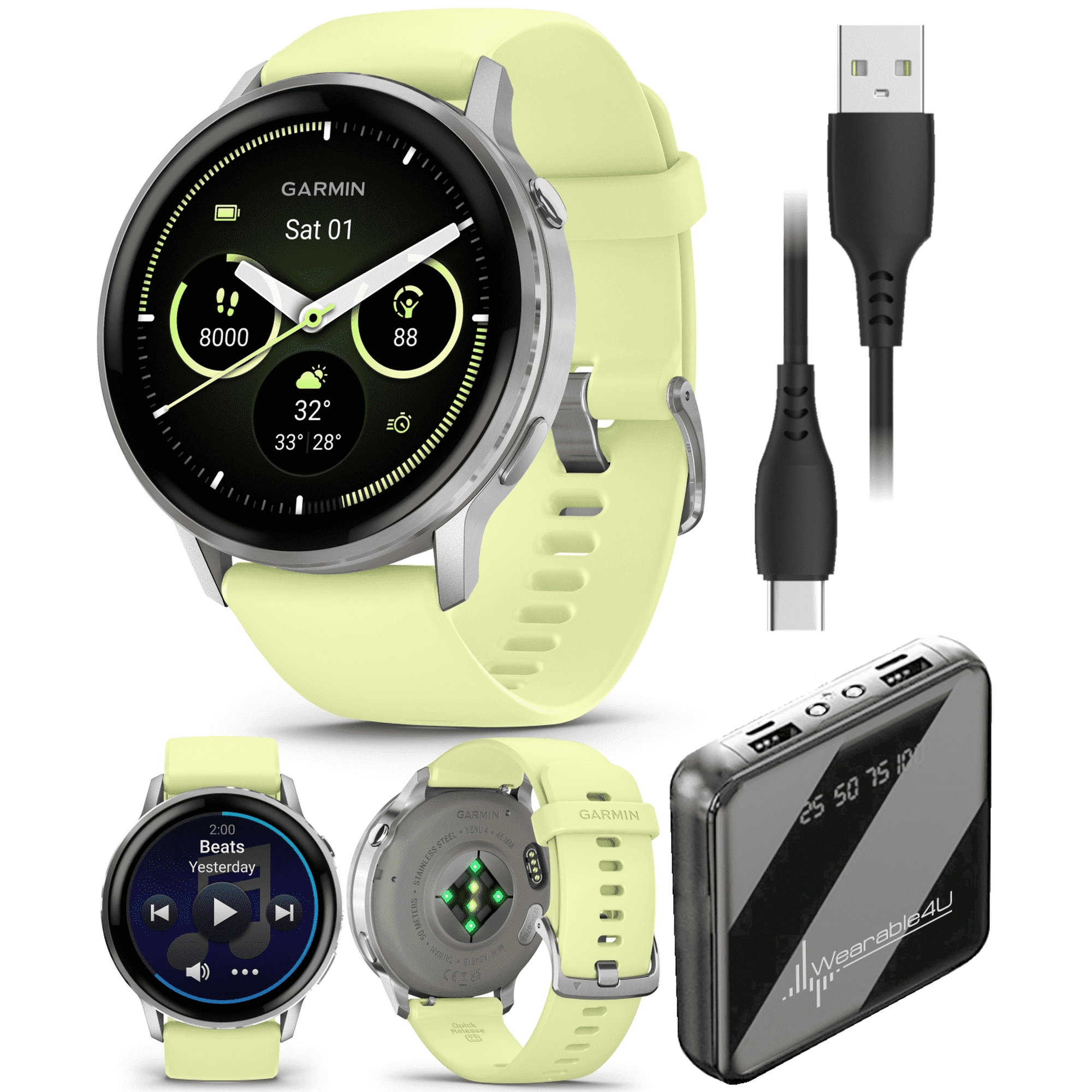 Garmin Venu 4 - 45mm AMOLED Advanced Health & Fitness GPS Smartwatch, Bright & Colorful Display, Flashlight, Up to 12 Days, Silver with Citron Silicone Band w/Wearable4U PowerBank Bundle