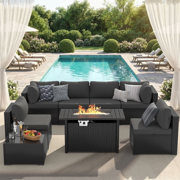 Clouddwell 8-Piece Patio Furniture Set With Fire Table On Sale, Black Rattan Wicker Outdoor Sectional Sofa Couch with Table Patio Conversation Set for Lawn& Backyard, Gray