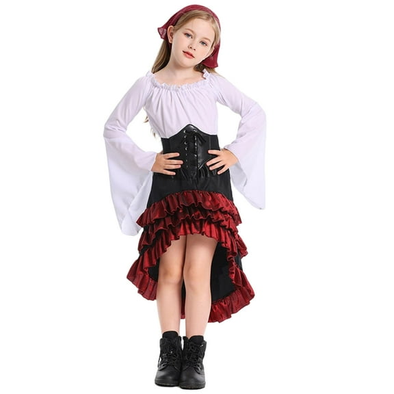 ZACPNCV Girls Renaissance Dress Female Spanish Steampunk Pirate Skirt Halloween Clothes White 8-9 Years