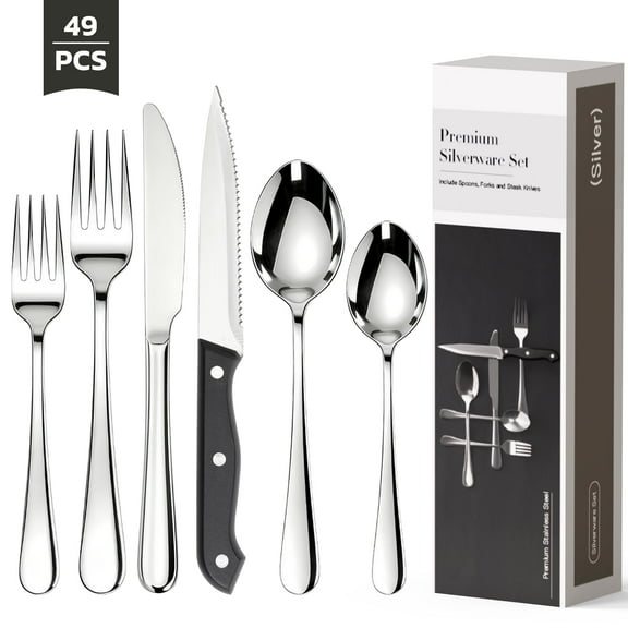 Astercook 49-Pieces Silverware Set with Steak Knives, Tableware Set for 8 - Great Food-Grade Stainless Steel Flatware Set, Mirror-Polished Dining Utensil Set Perfect for Home & Restaurant