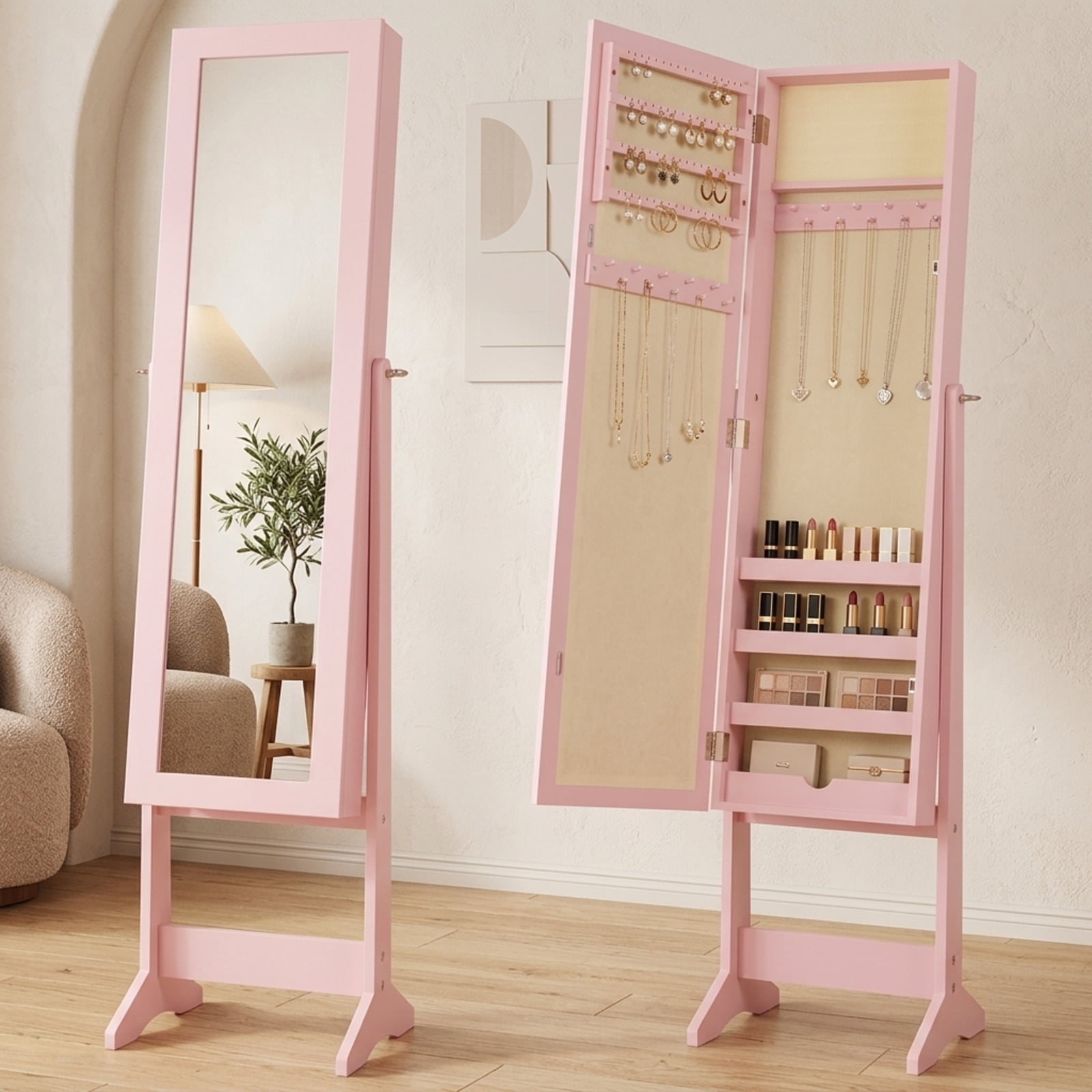 Furnibear Mirrored Standing Jewelry Cabinet Storage Box for Bedroom Dressing Room Jewelry Necklace Rings Storage Mirror, Pink