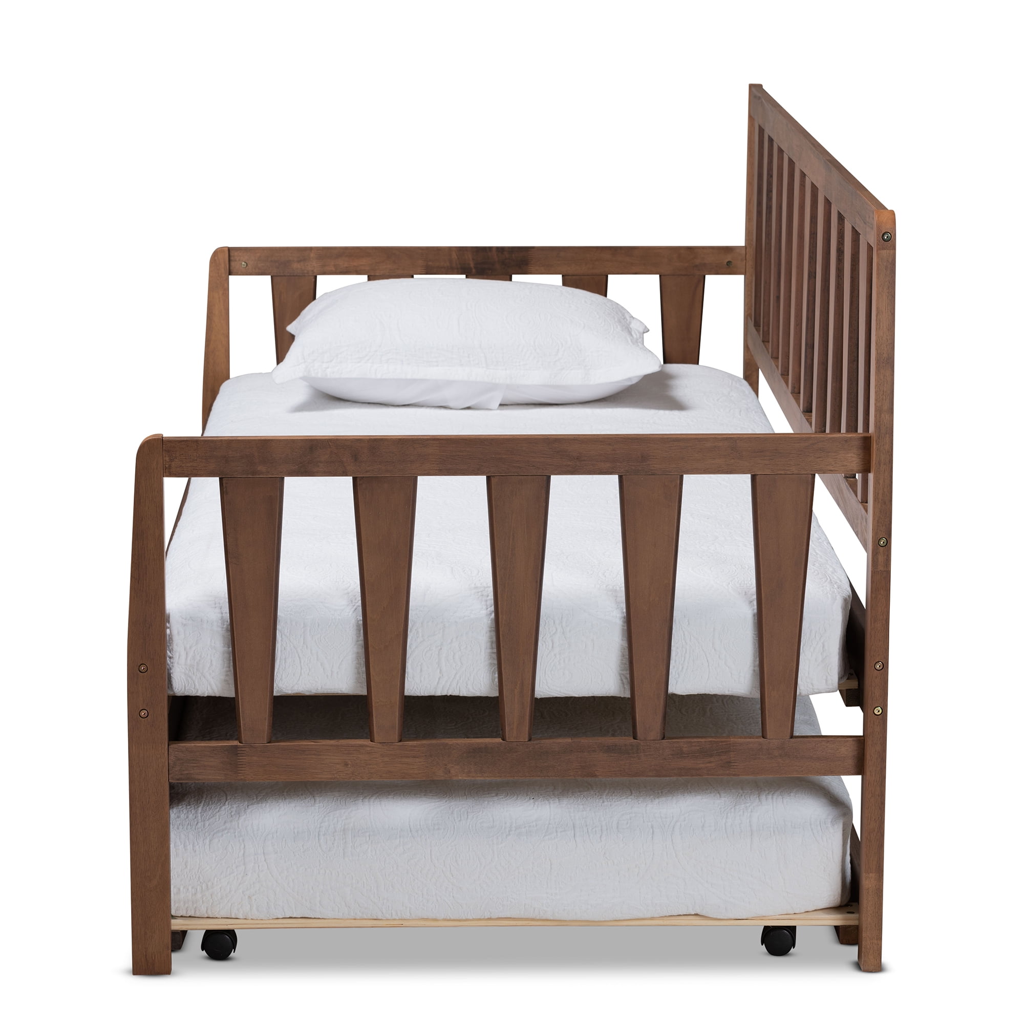 Baxton Studio Midori Modern and Contemporary Transitional Walnut Brown Finished Wood Twin Size Daybed with Roll-Out Trundle Bed