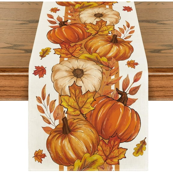 SM-XLHN Pink Pumpkin Maple Leaf Stripes 210 GSM Fall Table Runner, Seasonal Autumn Kitchen Dining Table Decoration for Home Party Decor 13x72 Inch