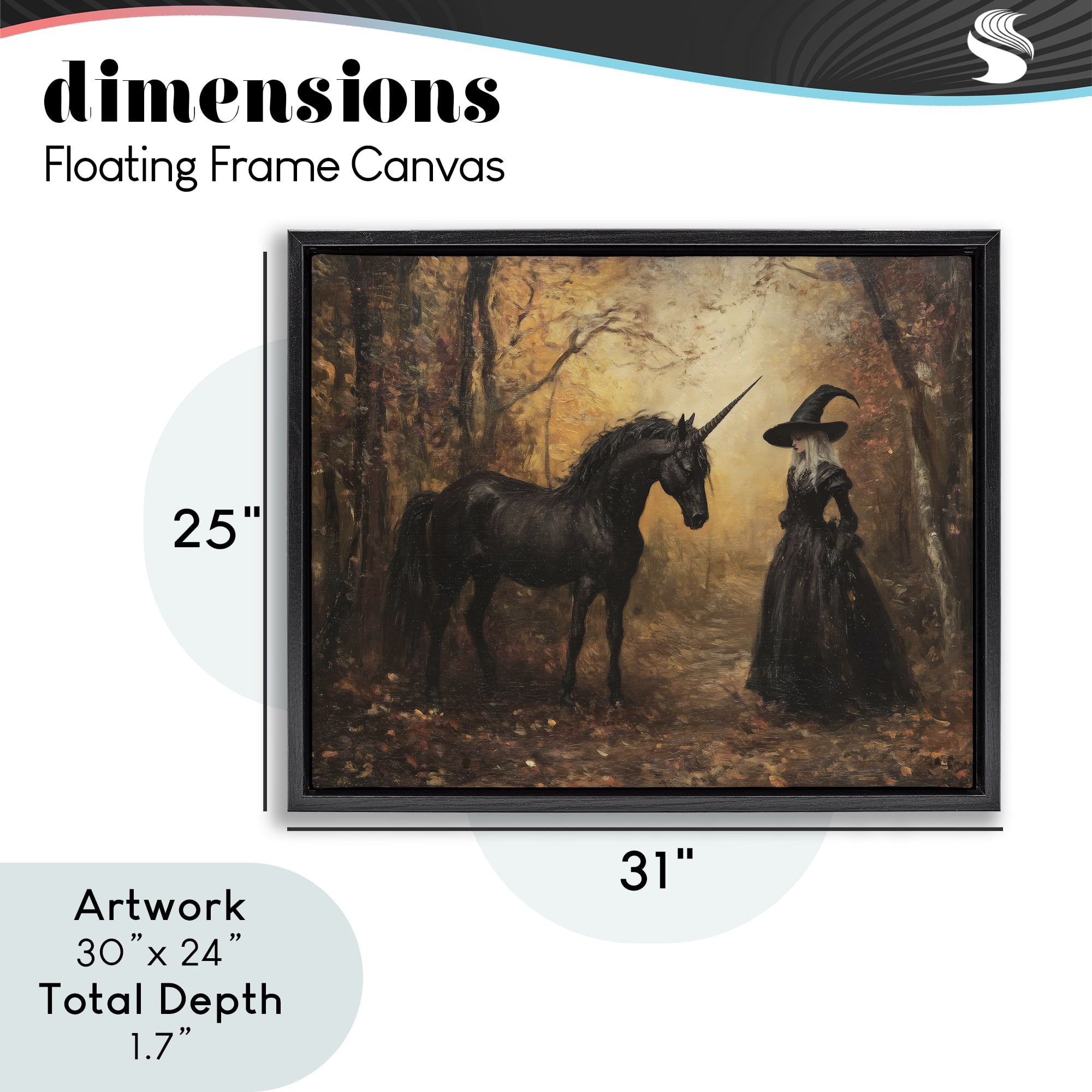 Witch & Black Unicorn Black Framed Floater Canvas Wall Art, design by Arlington Prints